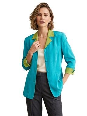 Shomi By Millie Shor Torquoise Chartreuse Silk Lightweight Jacket Size 8